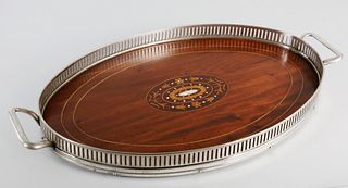 Vintage Inlaid Mahogany and Silver Plated Serving Tray
