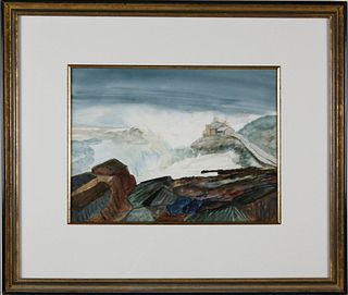 Watercolor on Paper "Rocky Shoreline with House on a Cliff"