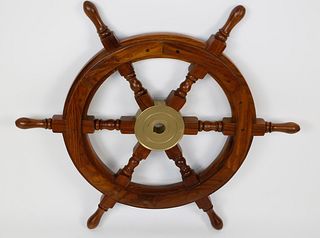 6-Spoke Mahogany Ship's Wheel with Brass Hub, Contemporary