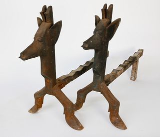 Pair of Vintage Cast Iron Reindeer Andirons