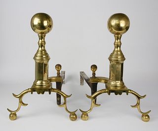 Pair of Antique Brass Philadelphia Style Ball Top Andirons