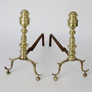 Pair of Multi-Turned Brass Andirons, 19th Century