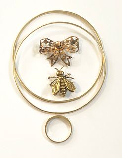 Two Gold Bangles, Bee Pin, Bow Pin and 10k Gold Diamond Ring