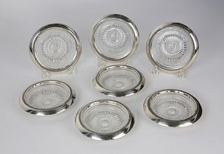 Set of 7 Sterling Silver and Clear Crystal Coasters