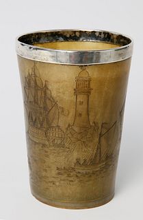 English Scrimshaw Horn Cup with Silver Rim, 19th Century