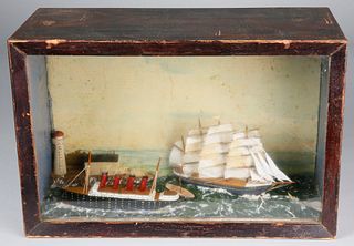 Antique Folk Art Carved and Painted Encased Coastal Shadow Box