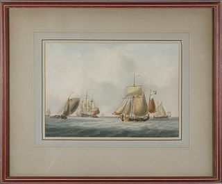 William Anderson Watercolor on Paper "Dutch Boats with British Man o' War"