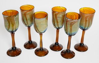 Set of 6 Art Glass Stemmed Glassware, Maker's Signature "Atelier Bernard"