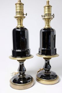 Pair of French Amethyst and Brass Kerosene Lamps, 19th Century