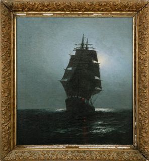 Oil on Canvas "Clipper Ship Sailing in the Moonlight", 19th Century