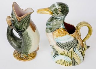 Vintage Majolica Duck and Fish Pitchers
