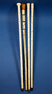 Group of Four 19th Century Carved Antique Bone and Vertebrae Walking Sticks
