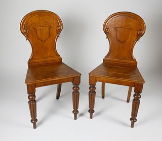Pair Of Maple English Hall Chairs, 19th Century