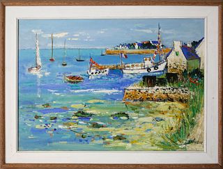 Yolande Ardissone Oil on Canvas "Boats Along a Colorful Shoreline"