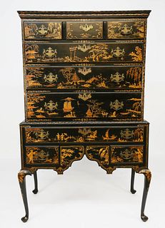 Queen Anne Style Chinoisserie Decorated Flat Top Highboy, late 19th Century