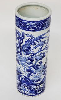 Chinese Blue and White Landscape Decorated Porcelain Umbrella Stand, 19th Century
