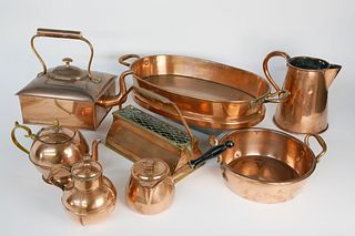 Collection of Copperware: Casseroles, Teapots, Chocolate Pot, Pitcher etc.