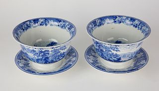 Pair of Antique Blue and White Transferware Bowls with Underplates