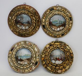 Group of Four Antique Round Shell Encrusted Pictures