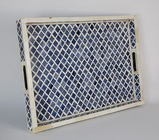 Geometric Inlaid Blue and White Bone Two-Handle Serving Tray