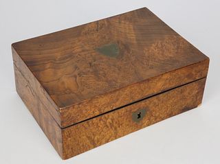 Burlwood Jewelry Box with Inlaid Brass Monogrammed Shield