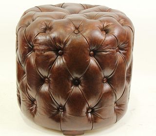 BUTTON-TUFTED BROWN LEATHER OTTOMAN