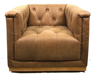 TUFTED BROWN LEATHER SWIVEL CLUB CHAIR