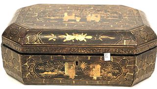 19th C. CHINESE LACQUERED & GILDED CHINOISERIE BOX