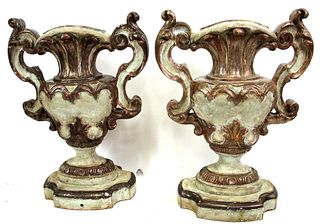 PAIR OF BAROQUE CARVED & PAINTED URNS