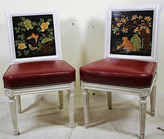 TEN FRENCH STYLE PAINTED BACK LEATHER CHAIRS