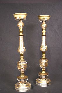 PAIR OF LUCITE AND BRASS CANDLESTICKS