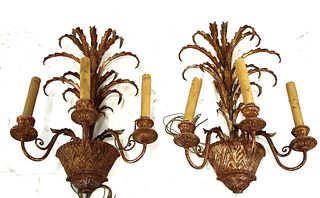 PAIR OF ANTIQUE CARVED & GILDED WALL SCONCES