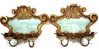 PAIR OF CARVED, GILDED & PAINTED WALL SCONCES