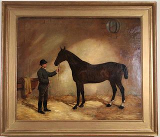 19th CENTURY STABLE SCENE OIL ON CANVAS PAINTING