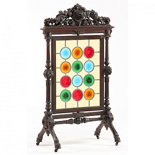 Black Forest Carved and Stained Glass Fire Screen 