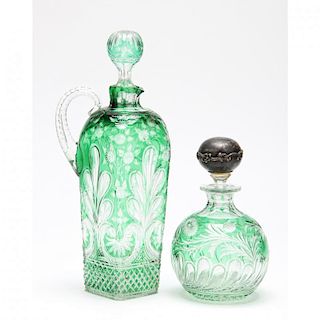 Two Antique Emerald Green Cut to Clear Glass Bottles, att. Dorflinger 