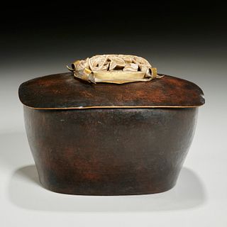 Archaic white jade mounted hammered copper box