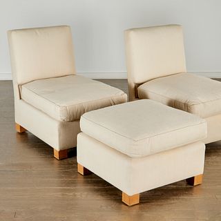 Pair Billy Baldwin slipper chairs and ottoman