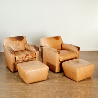 A. Rudin, pair leather swivel chairs and ottomans