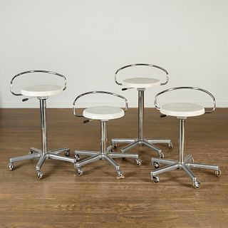 (4) Designer chrome, lacquered oak task stools