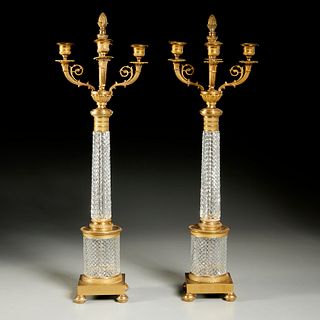 Pair Empire style bronze and crystal candelabra