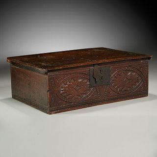 Antique English chip carved oak Bible box