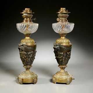 Pair Napoleon III bronze fluid urn lamps