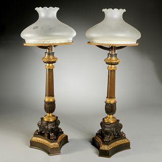 Pair Restauration bronze sinumbra lamps