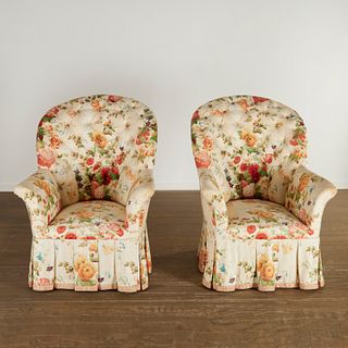 Pair Designer chintz upholstered lounge chairs