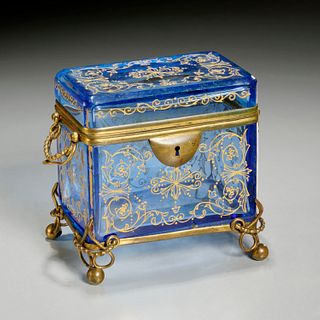 Moser style gilt bronze mounted blue glass box