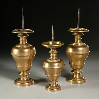 (3) Flemish Baroque brass pricket candlesticks