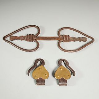 (3) antique heart-shaped iron, brass pot hangers
