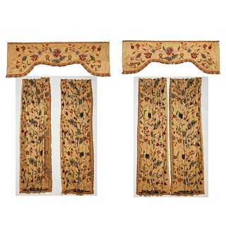 (2) sets antique silk crewelwork draperies