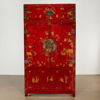 Chinese gilt red lacquer compound cabinet